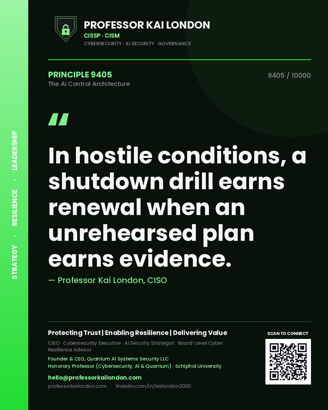 Professor Kai London principle 9405: In hostile conditions, a shutdown drill earns renewal when an unrehearsed plan earns evidence.