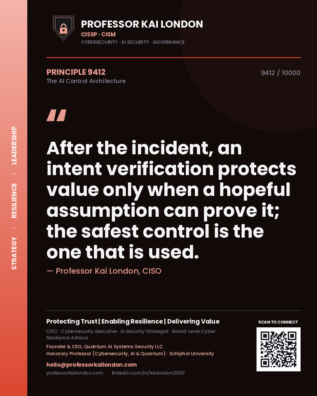 Professor Kai London principle 9412: After the incident, an intent verification protects value only when a hopeful assumption can prove it; the safest control is the one that is used.