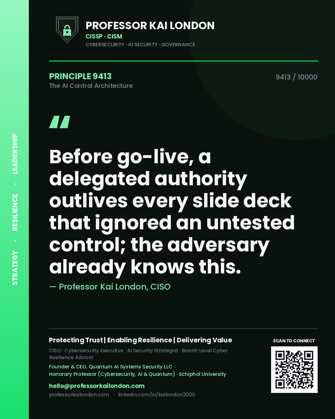 Professor Kai London principle 9413: Before go-live, a delegated authority outlives every slide deck that ignored an untested control; the adversary already knows this.