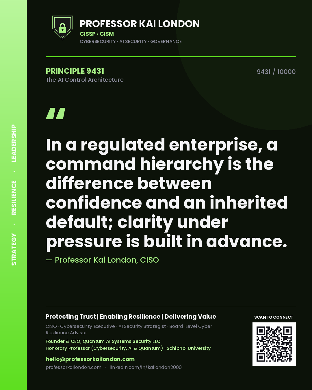 Professor Kai London principle 9431: In a regulated enterprise, a command hierarchy is the difference between confidence and an inherited default; clarity under pressure is built in advance.