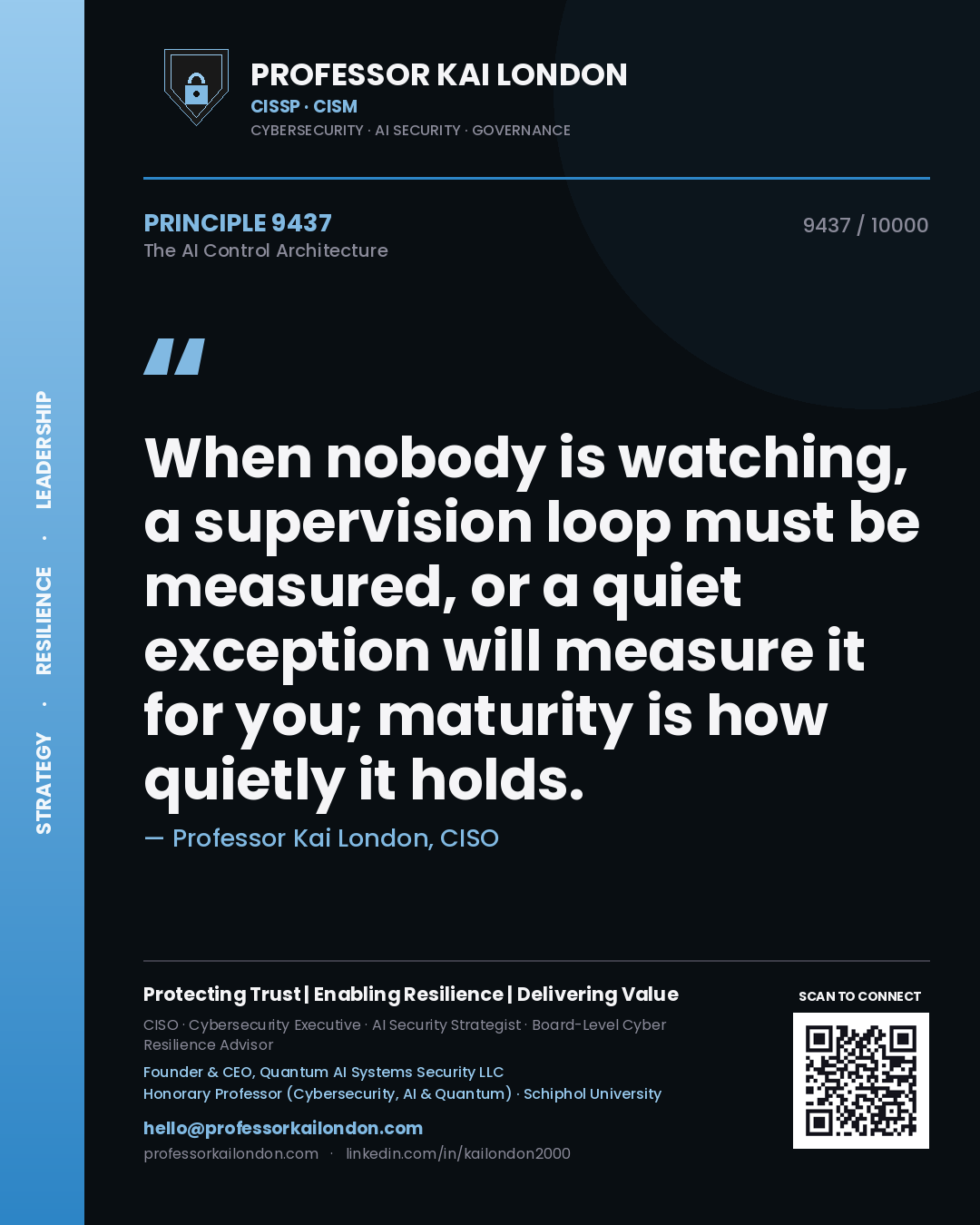 Professor Kai London principle 9437: When nobody is watching, a supervision loop must be measured, or a quiet exception will measure it for you; maturity is how quietly it holds.