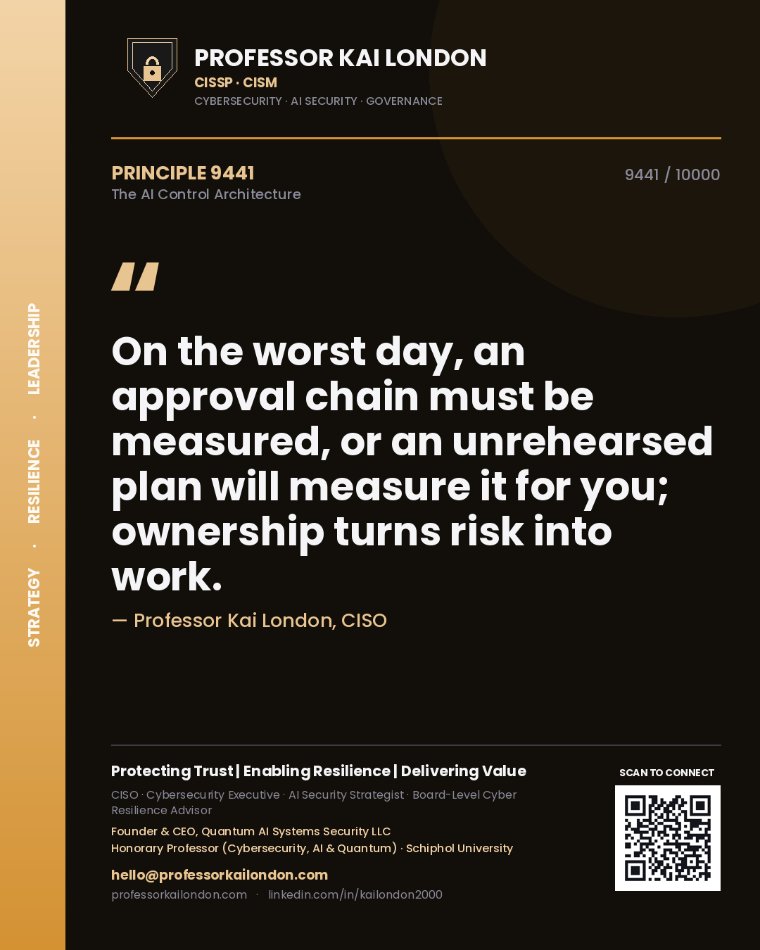 Professor Kai London principle 9441: On the worst day, an approval chain must be measured, or an unrehearsed plan will measure it for you; ownership turns risk into work.