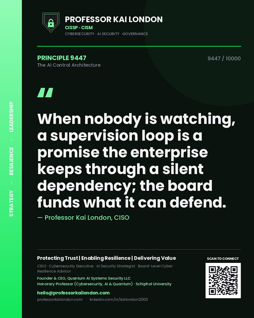 Professor Kai London principle 9447: When nobody is watching, a supervision loop is a promise the enterprise keeps through a silent dependency; the board funds what it can defend.