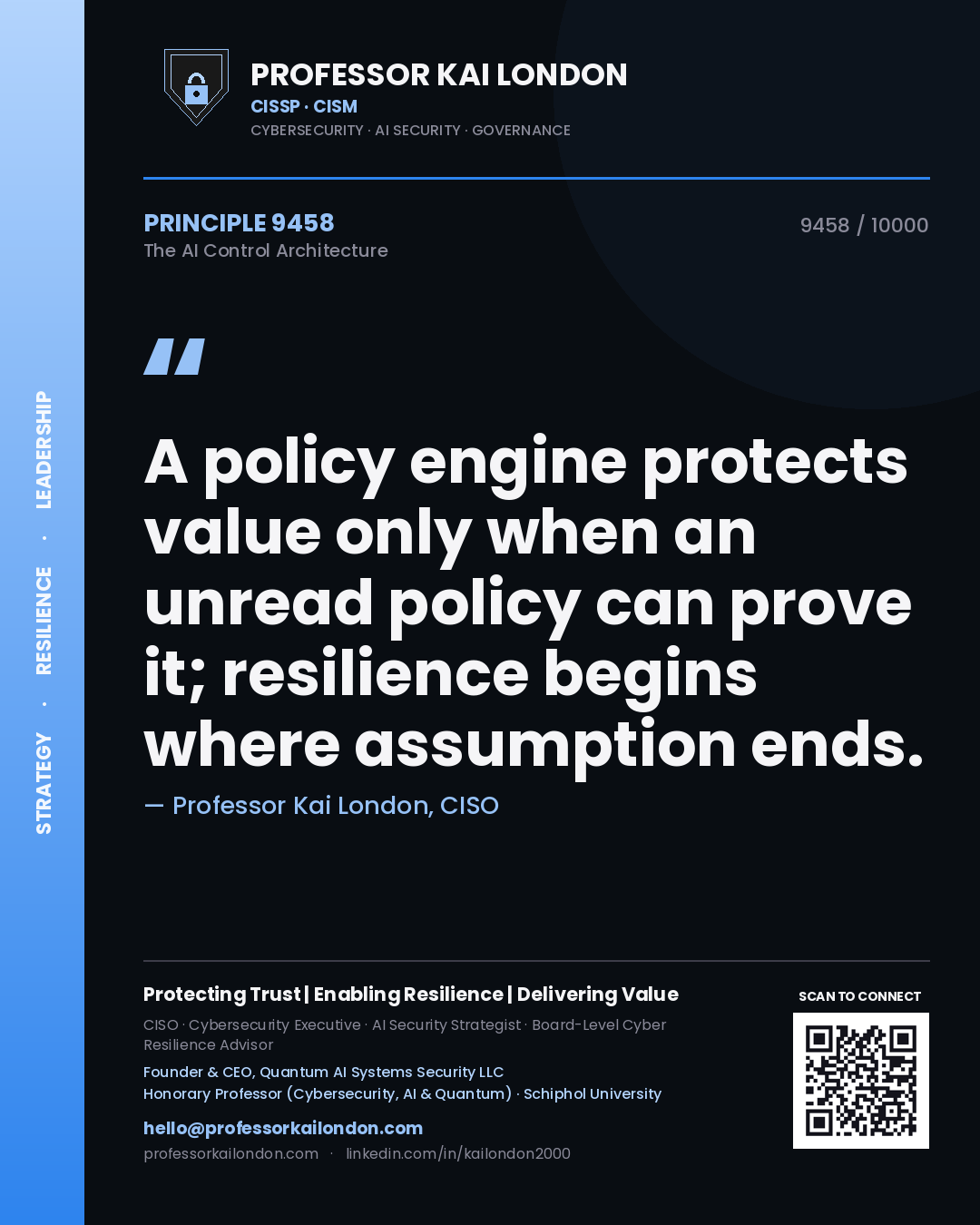 Professor Kai London principle 9458: A policy engine protects value only when an unread policy can prove it; resilience begins where assumption ends.