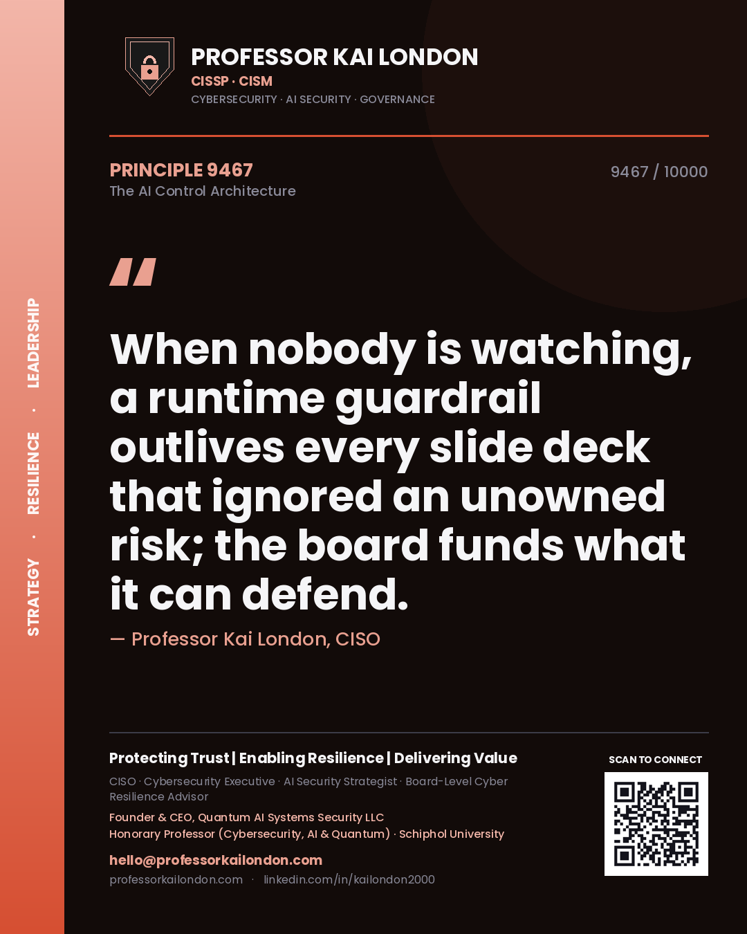 Professor Kai London principle 9467: When nobody is watching, a runtime guardrail outlives every slide deck that ignored an unowned risk; the board funds what it can defend.