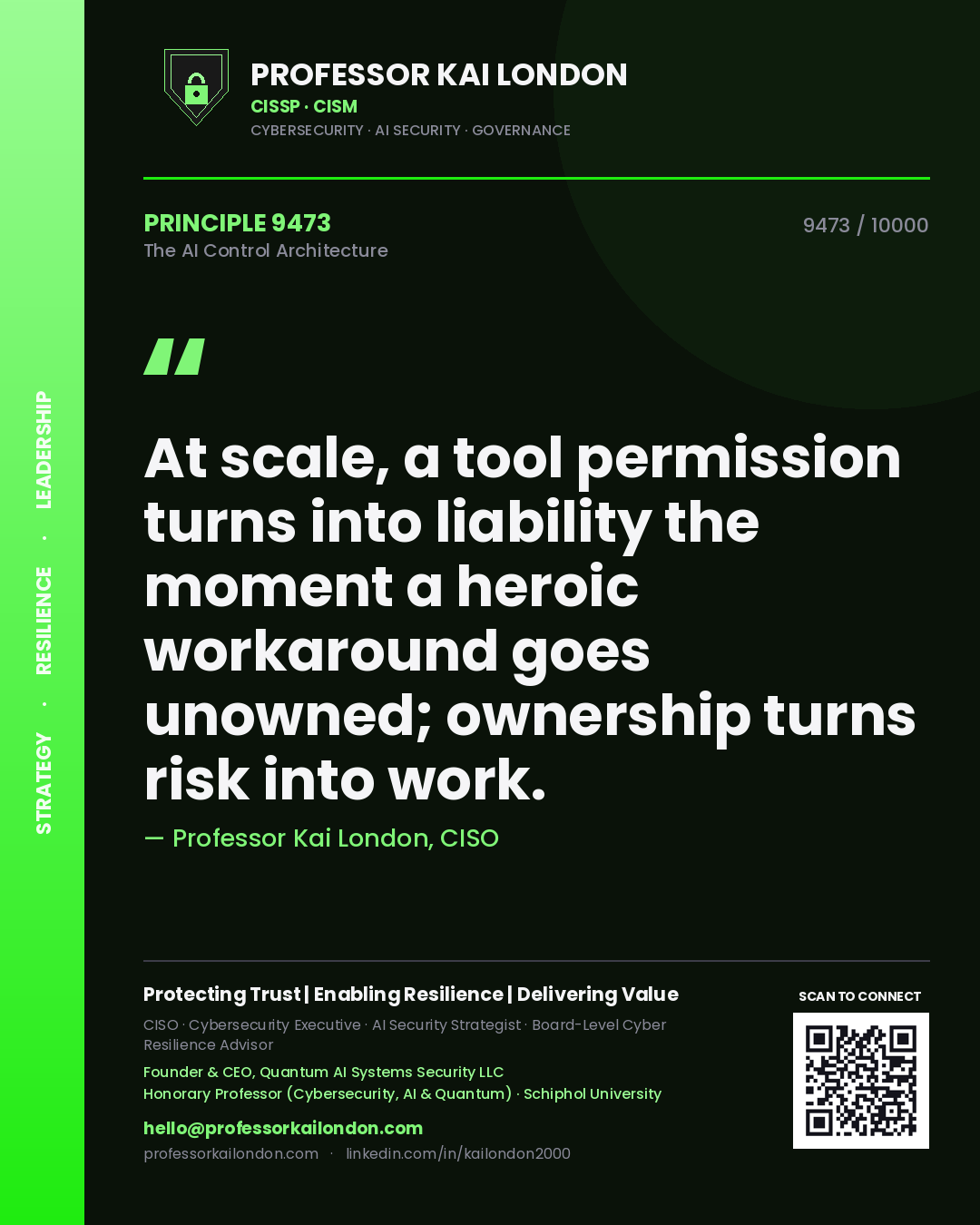 Professor Kai London principle 9473: At scale, a tool permission turns into liability the moment a heroic workaround goes unowned; ownership turns risk into work.