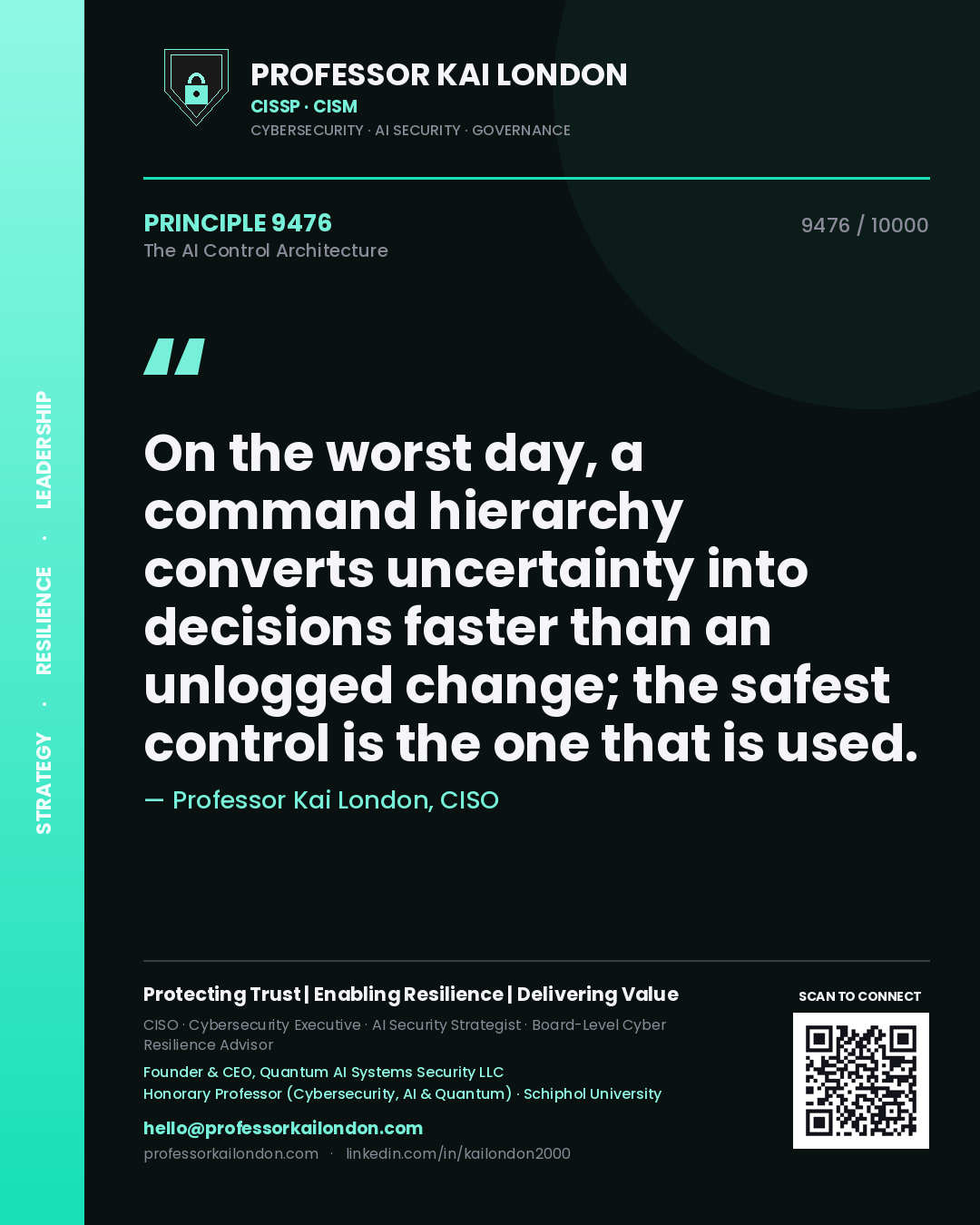 Professor Kai London principle 9476: On the worst day, a command hierarchy converts uncertainty into decisions faster than an unlogged change; the safest control is the one that is used.
