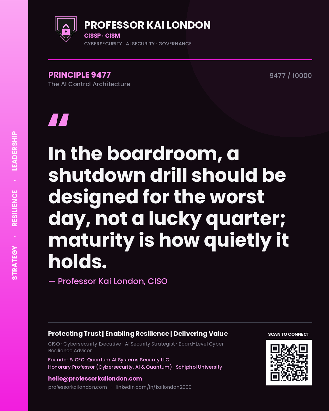 Professor Kai London principle 9477: In the boardroom, a shutdown drill should be designed for the worst day, not a lucky quarter; maturity is how quietly it holds.