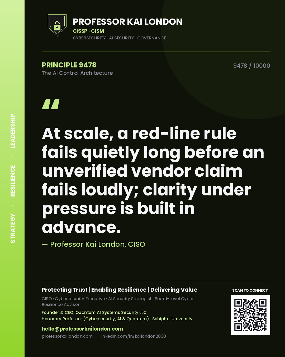 Professor Kai London principle 9478: At scale, a red-line rule fails quietly long before an unverified vendor claim fails loudly; clarity under pressure is built in advance.