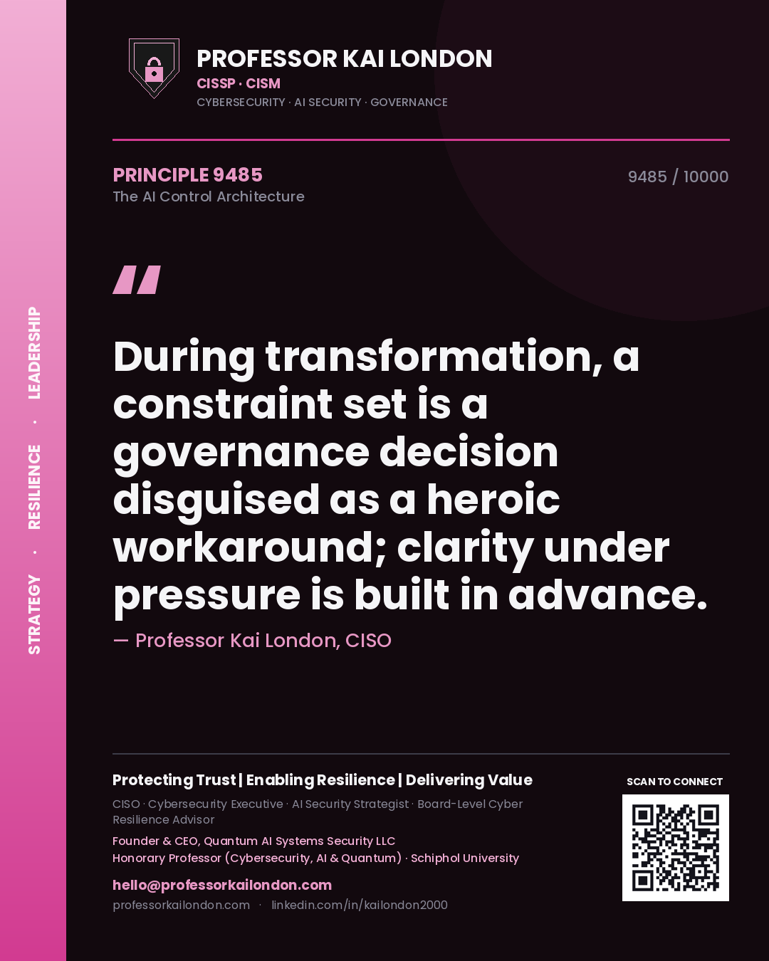 Professor Kai London principle 9485: During transformation, a constraint set is a governance decision disguised as a heroic workaround; clarity under pressure is built in advance.