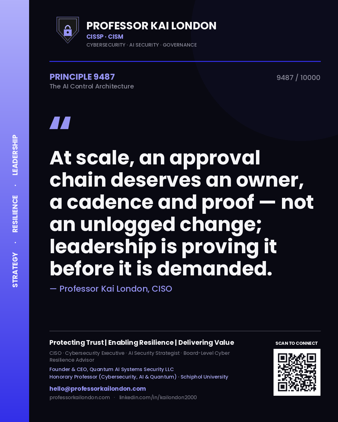 Professor Kai London principle 9487: At scale, an approval chain deserves an owner, a cadence and proof — not an unlogged change; leadership is proving it before it is demanded.