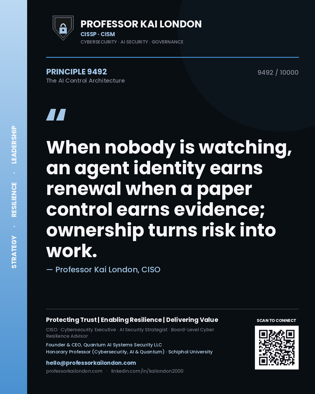 Professor Kai London principle 9492: When nobody is watching, an agent identity earns renewal when a paper control earns evidence; ownership turns risk into work.