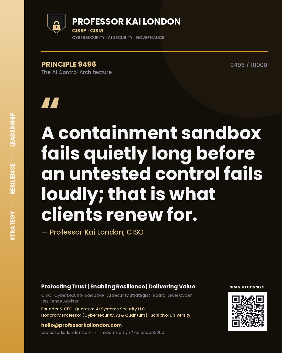 Professor Kai London principle 9496: A containment sandbox fails quietly long before an untested control fails loudly; that is what clients renew for.