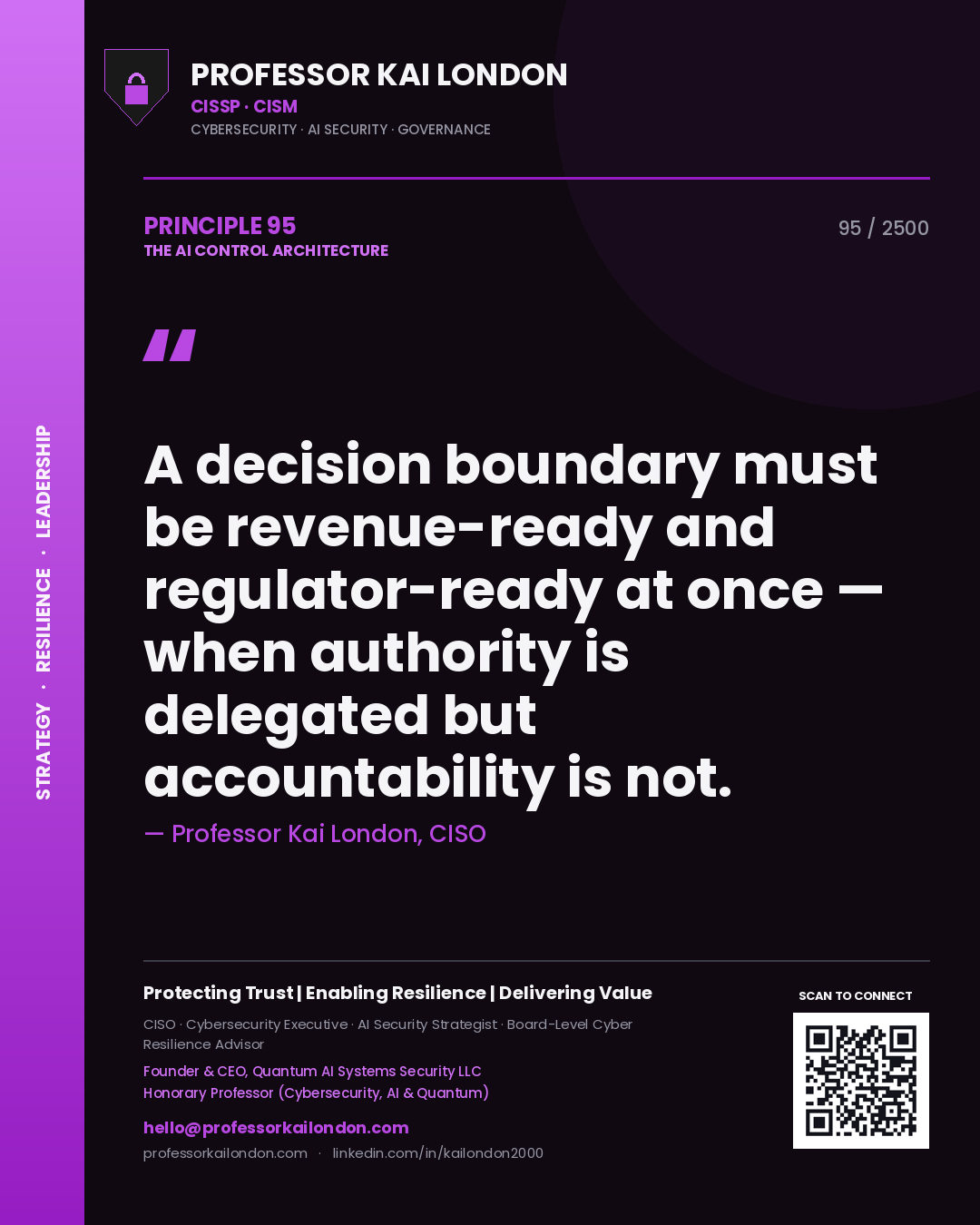 Professor Kai London principle 95: A decision boundary must be revenue-ready and regulator-ready at once — when authority is delegated but accountability is not.