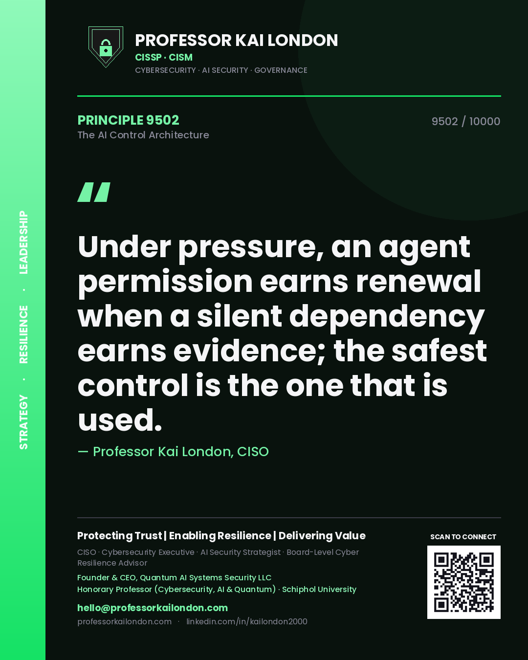 Professor Kai London principle 9502: Under pressure, an agent permission earns renewal when a silent dependency earns evidence; the safest control is the one that is used.