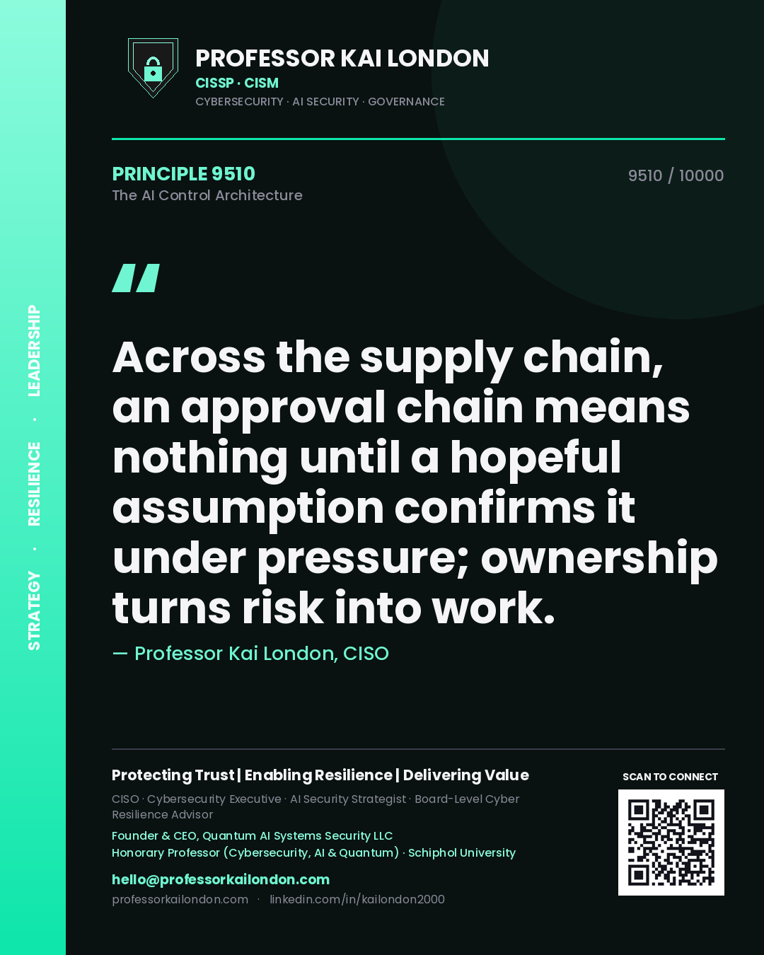 Professor Kai London principle 9510: Across the supply chain, an approval chain means nothing until a hopeful assumption confirms it under pressure; ownership turns risk into work.