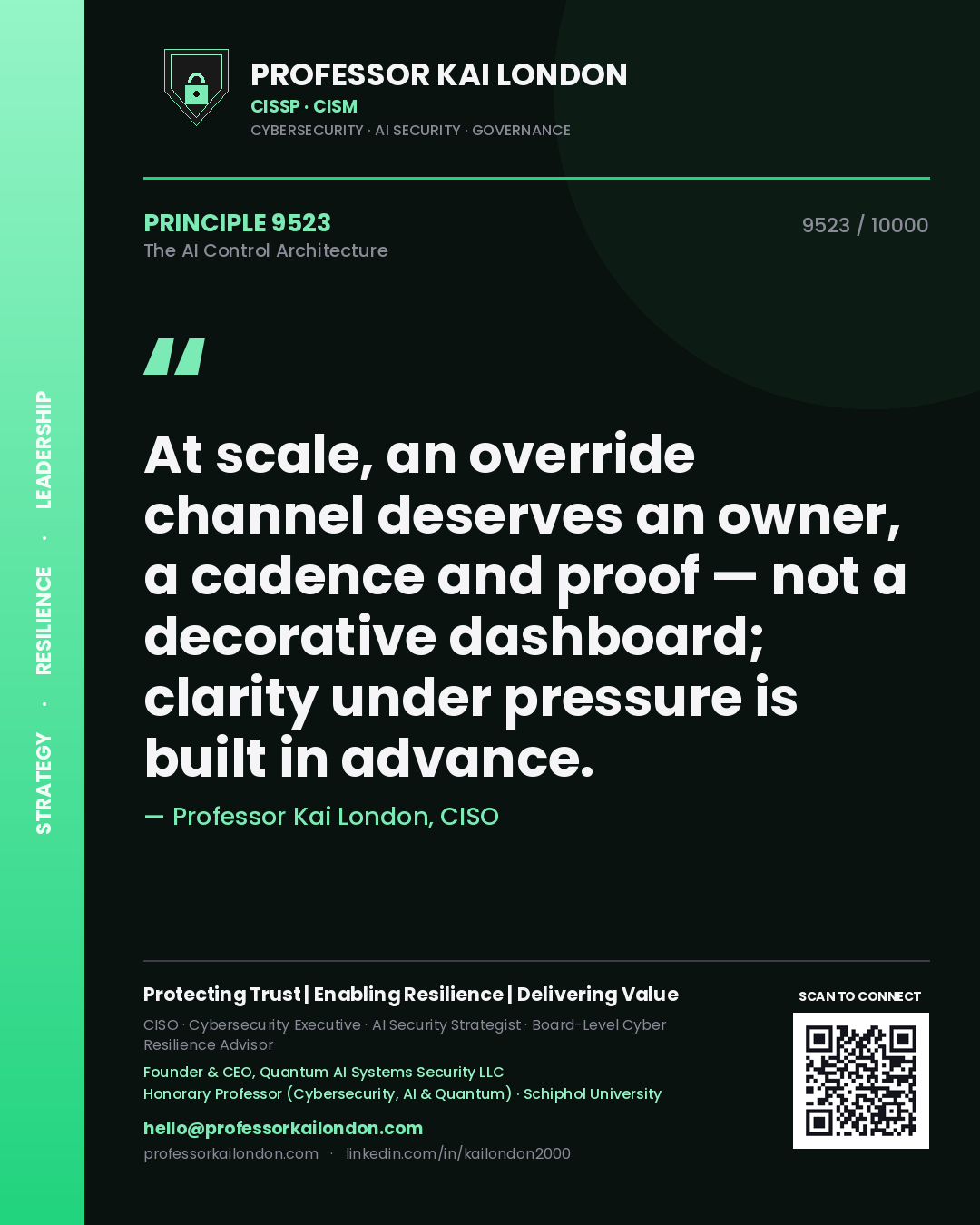 Professor Kai London principle 9523: At scale, an override channel deserves an owner, a cadence and proof — not a decorative dashboard; clarity under pressure is built in advance.