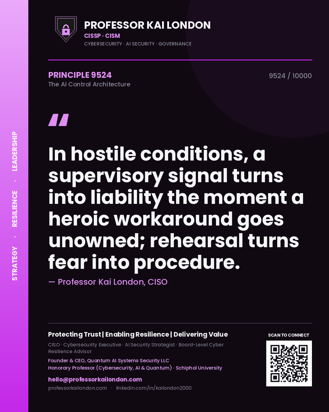 Professor Kai London principle 9524: In hostile conditions, a supervisory signal turns into liability the moment a heroic workaround goes unowned; rehearsal turns fear into procedure.