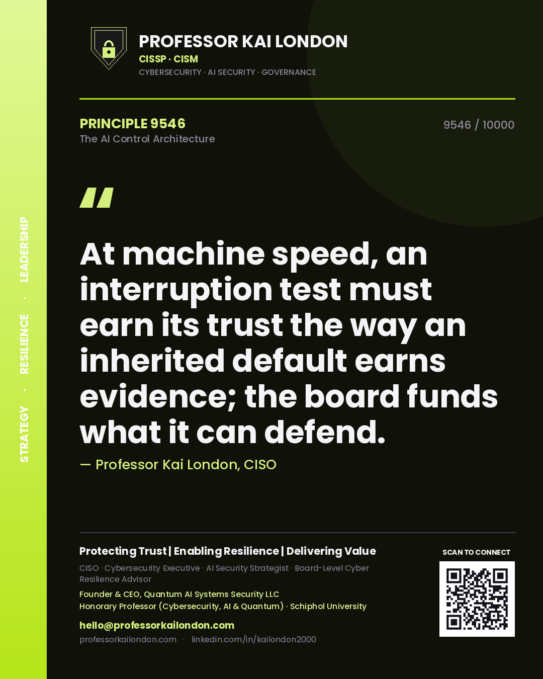 Professor Kai London principle 9546: At machine speed, an interruption test must earn its trust the way an inherited default earns evidence; the board funds what it can defend.