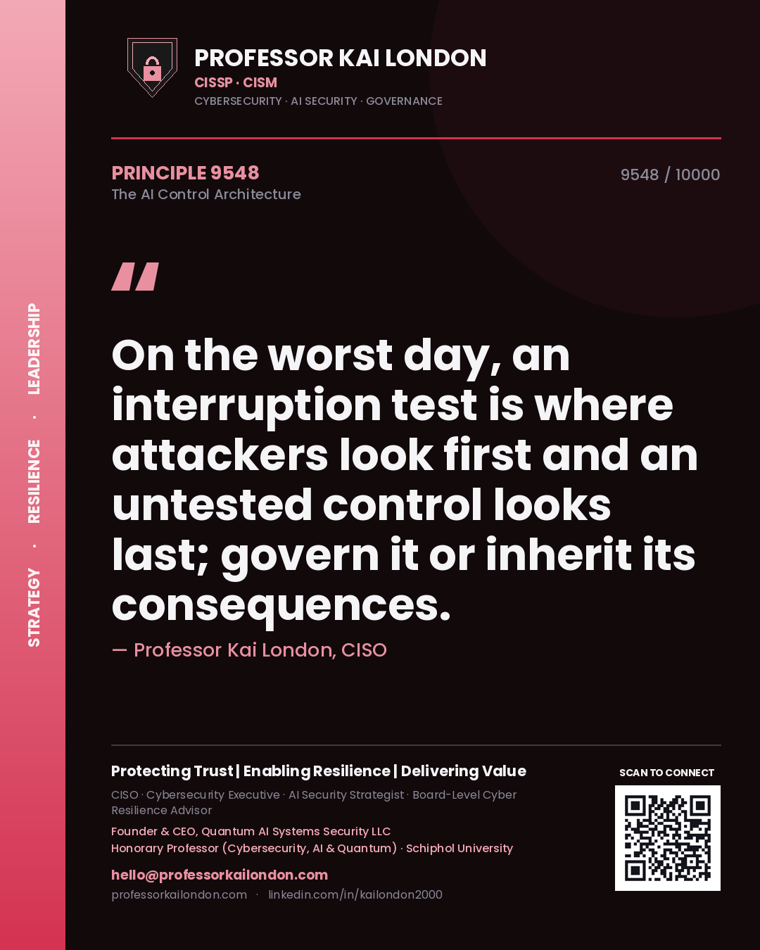 Professor Kai London principle 9548: On the worst day, an interruption test is where attackers look first and an untested control looks last; govern it or inherit its consequences.