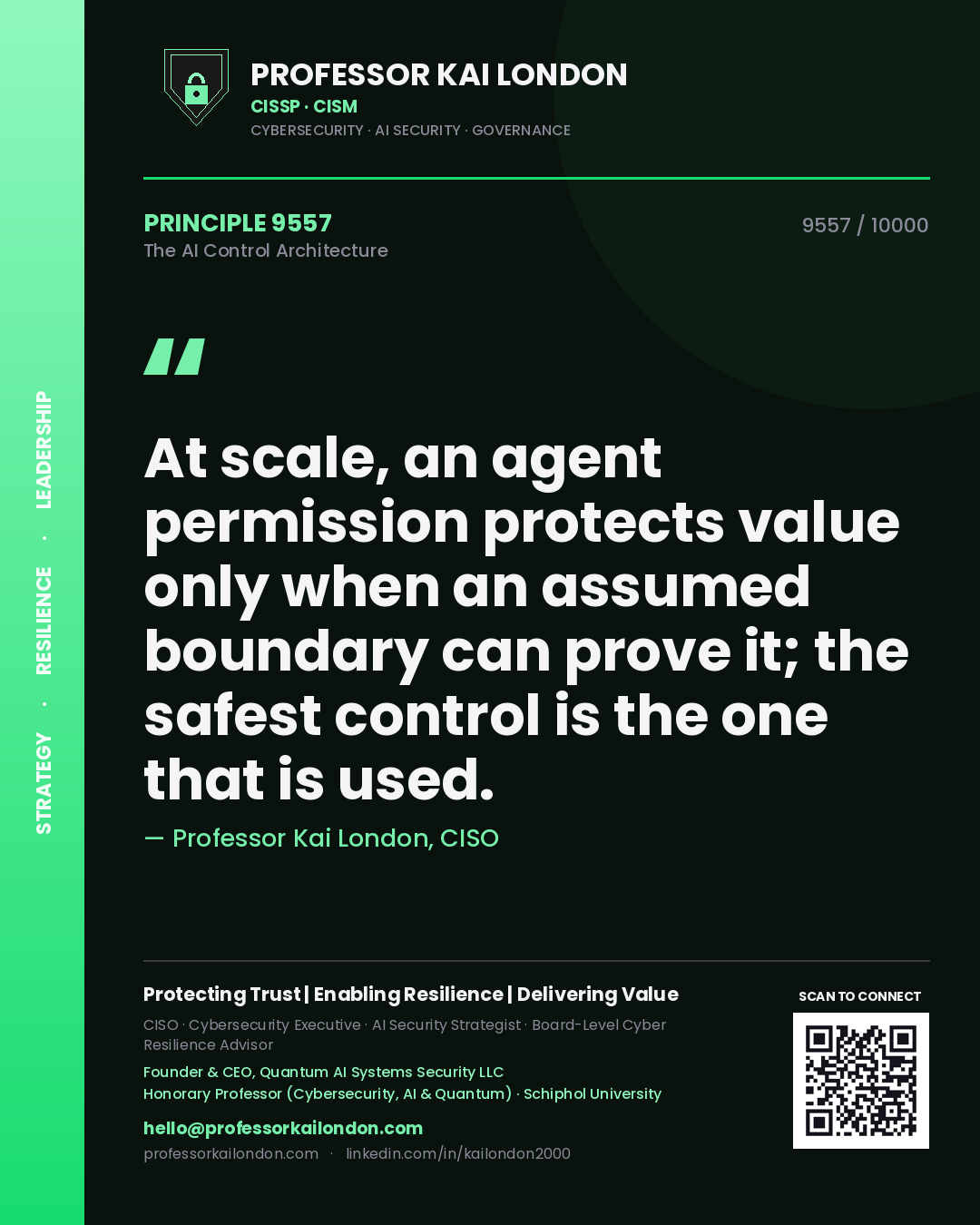 Professor Kai London principle 9557: At scale, an agent permission protects value only when an assumed boundary can prove it; the safest control is the one that is used.