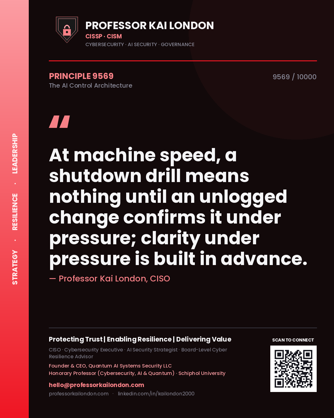 Professor Kai London principle 9569: At machine speed, a shutdown drill means nothing until an unlogged change confirms it under pressure; clarity under pressure is built in advance.