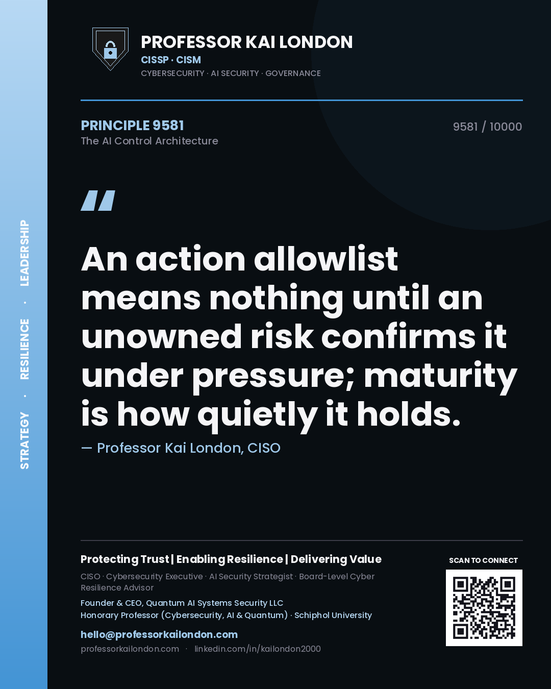 Professor Kai London principle 9581: An action allowlist means nothing until an unowned risk confirms it under pressure; maturity is how quietly it holds.