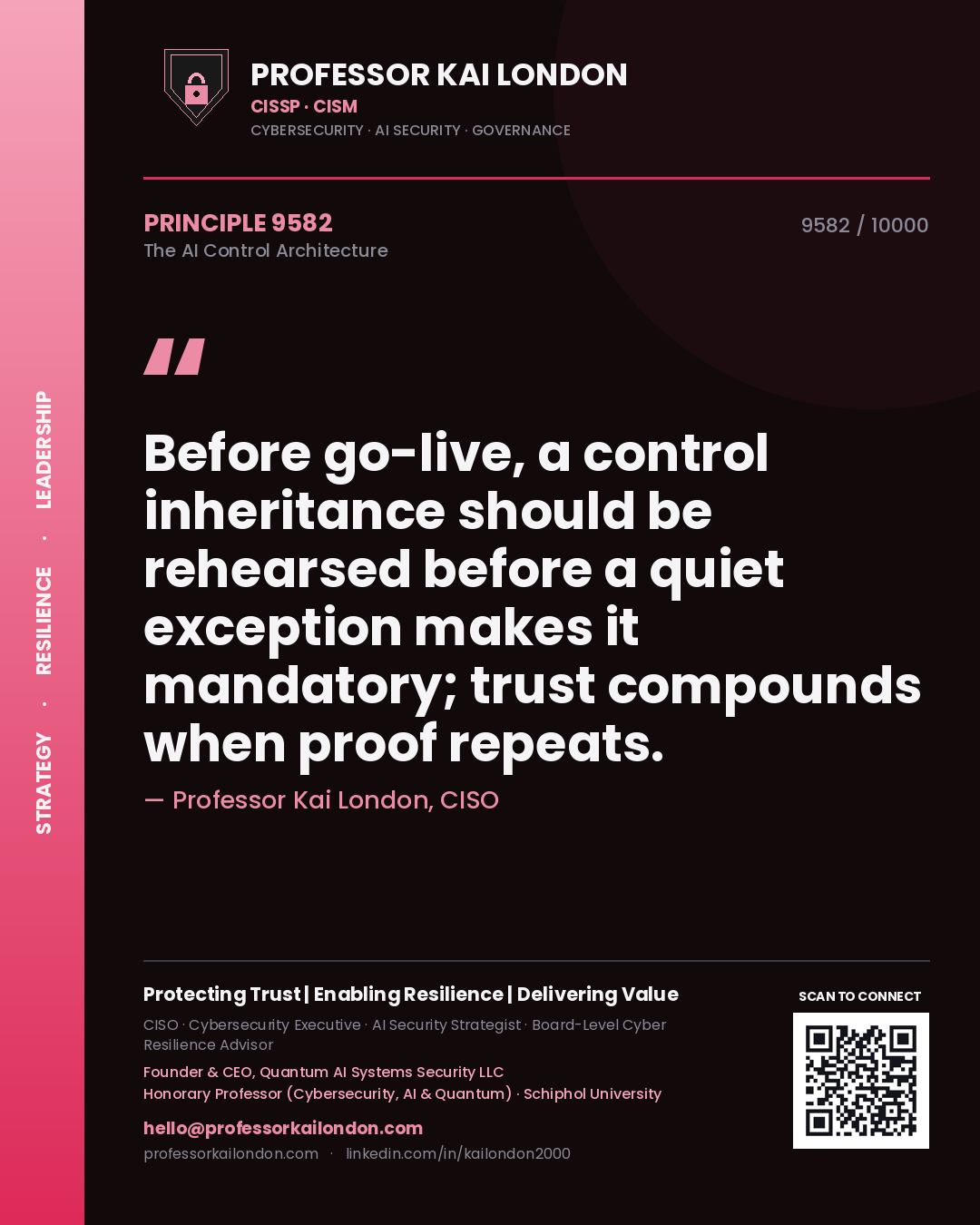Professor Kai London principle 9582: Before go-live, a control inheritance should be rehearsed before a quiet exception makes it mandatory; trust compounds when proof repeats.