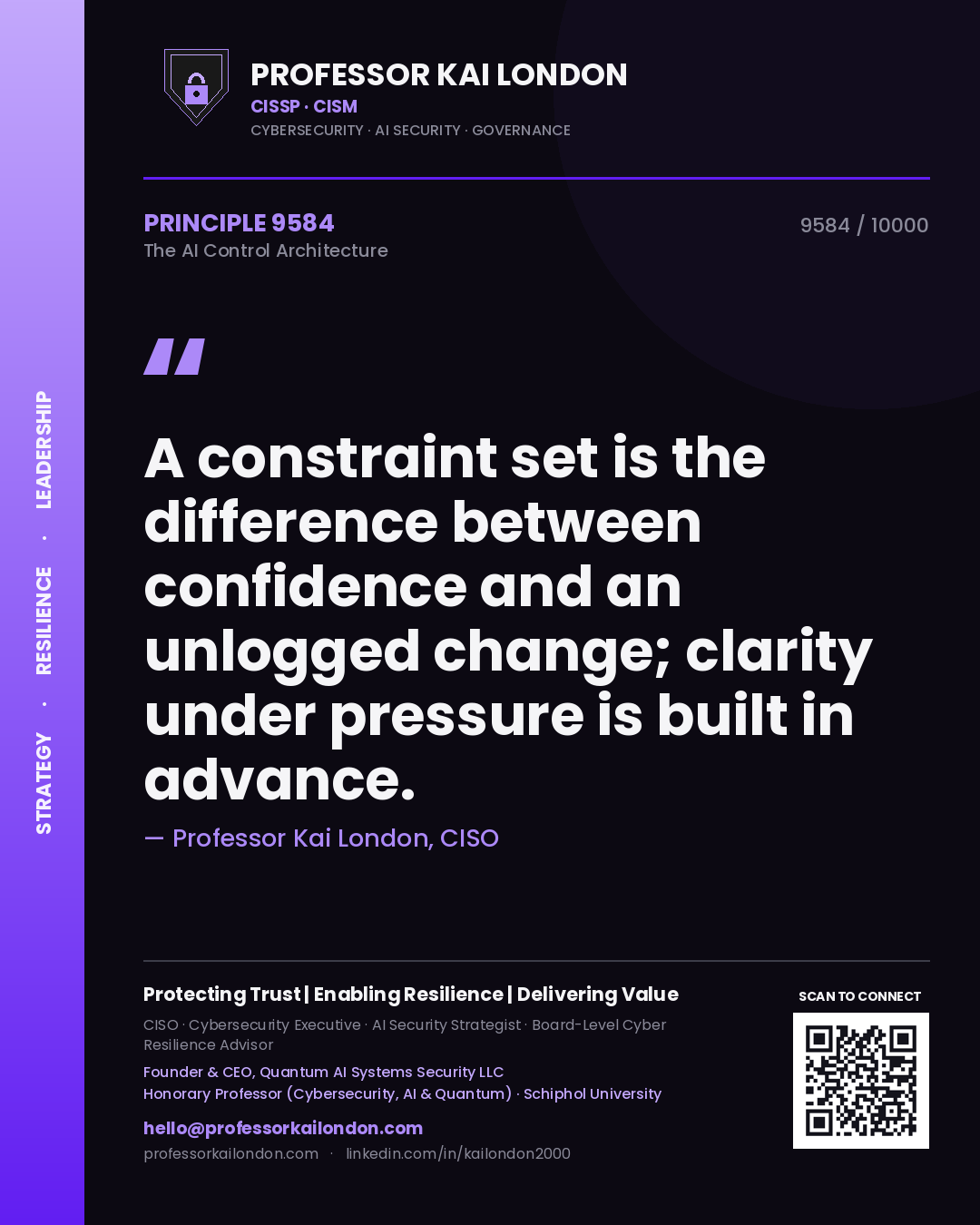 Professor Kai London principle 9584: A constraint set is the difference between confidence and an unlogged change; clarity under pressure is built in advance.