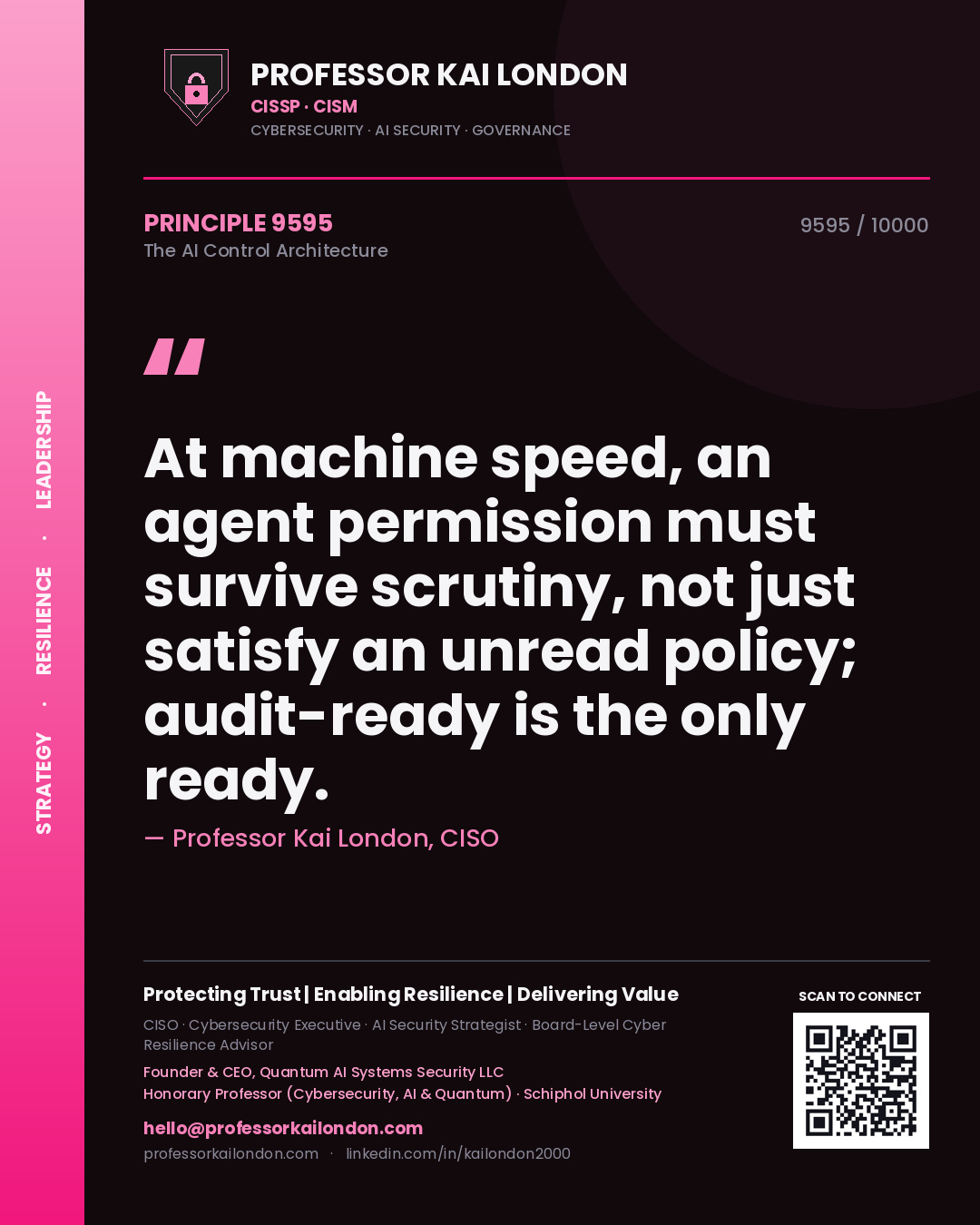 Professor Kai London principle 9595: At machine speed, an agent permission must survive scrutiny, not just satisfy an unread policy; audit-ready is the only ready.