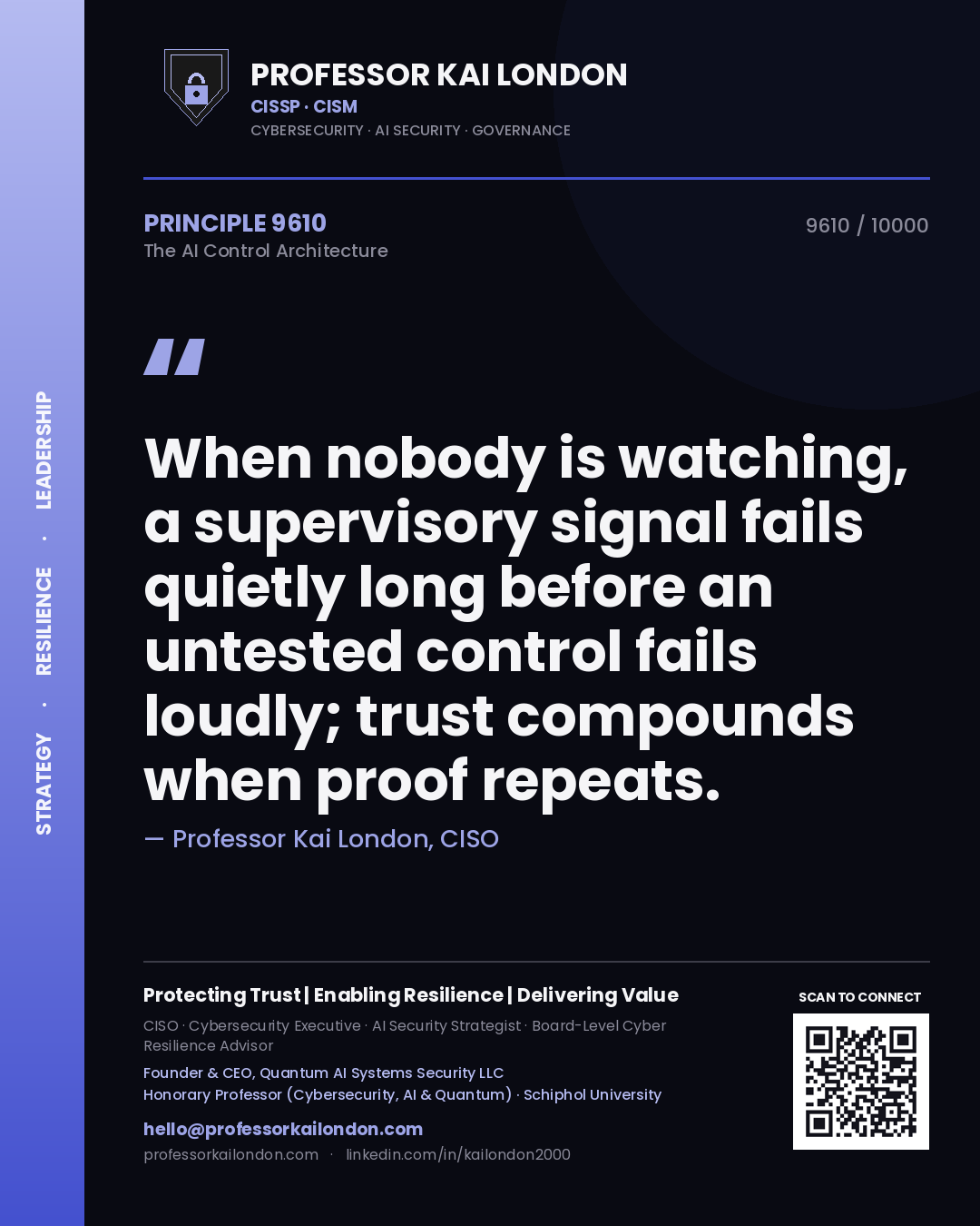 Professor Kai London principle 9610: When nobody is watching, a supervisory signal fails quietly long before an untested control fails loudly; trust compounds when proof repeats.
