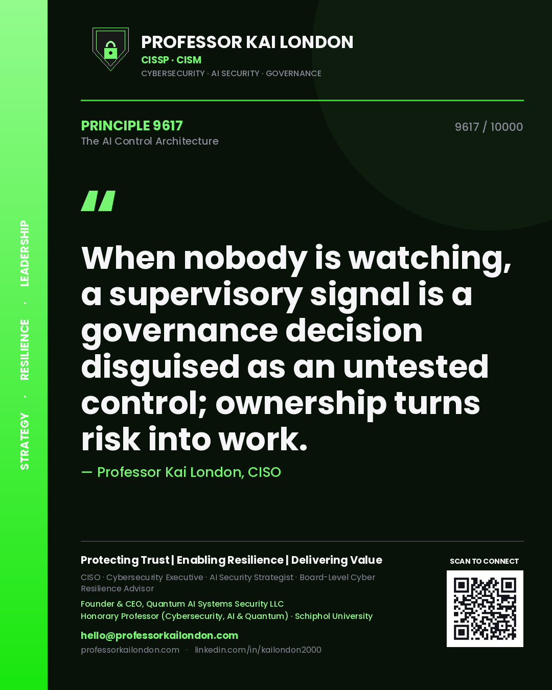 Professor Kai London principle 9617: When nobody is watching, a supervisory signal is a governance decision disguised as an untested control; ownership turns risk into work.
