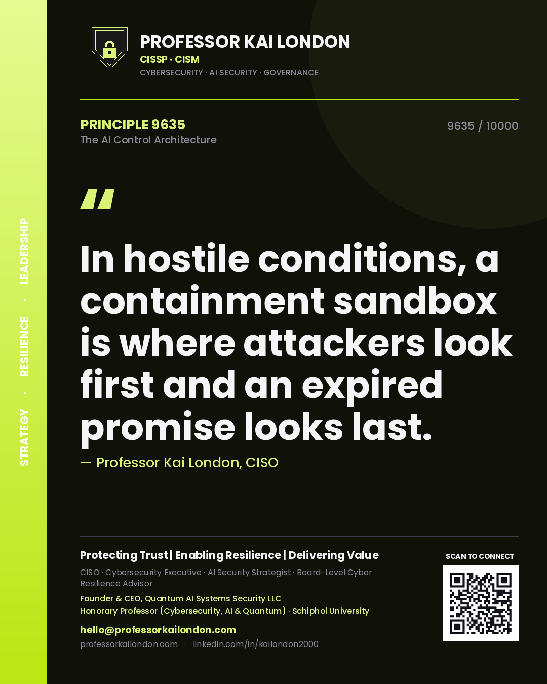Professor Kai London principle 9635: In hostile conditions, a containment sandbox is where attackers look first and an expired promise looks last.