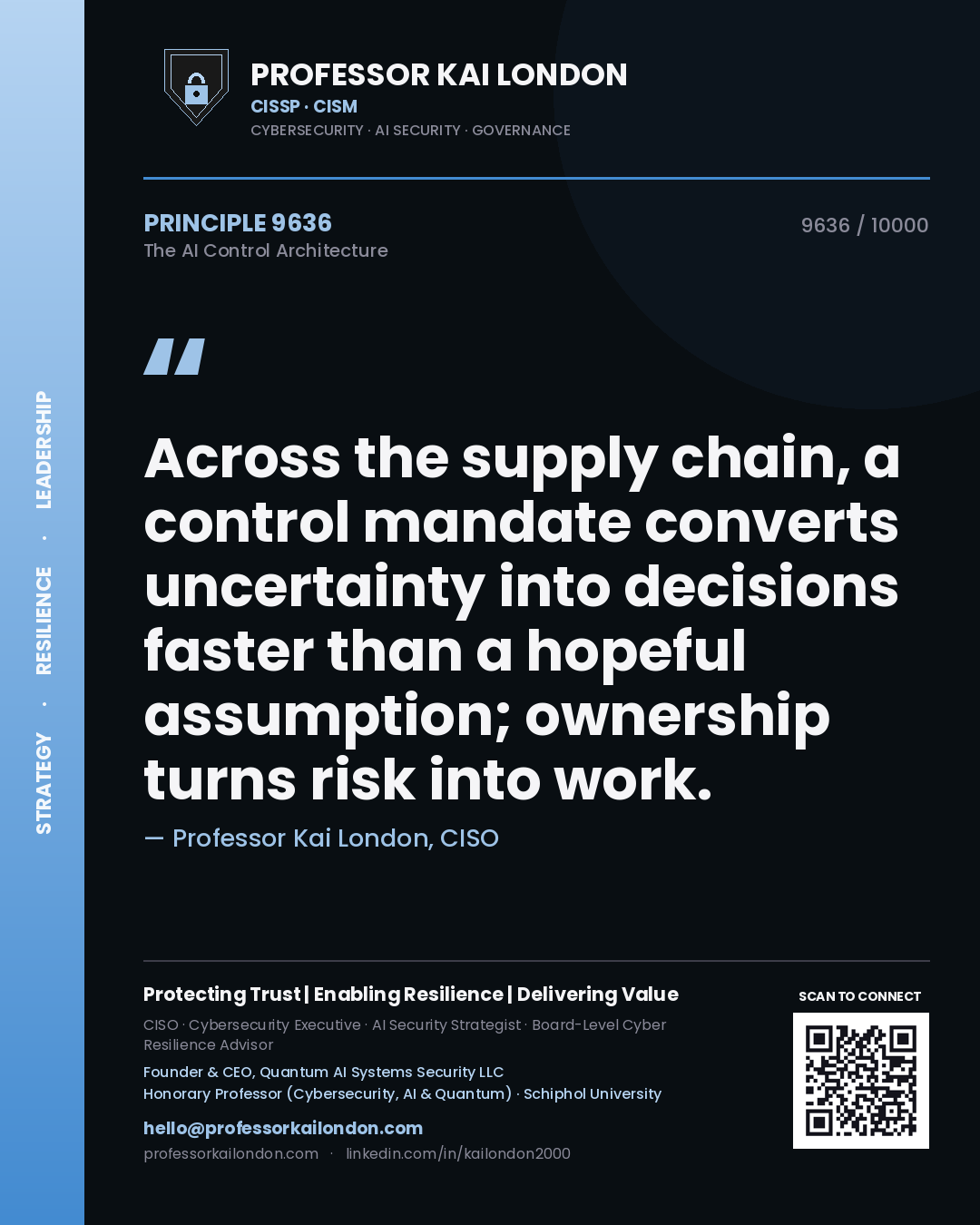 Professor Kai London principle 9636: Across the supply chain, a control mandate converts uncertainty into decisions faster than a hopeful assumption; ownership turns risk into work.