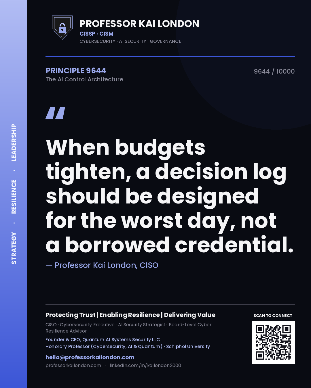 Professor Kai London principle 9644: When budgets tighten, a decision log should be designed for the worst day, not a borrowed credential.