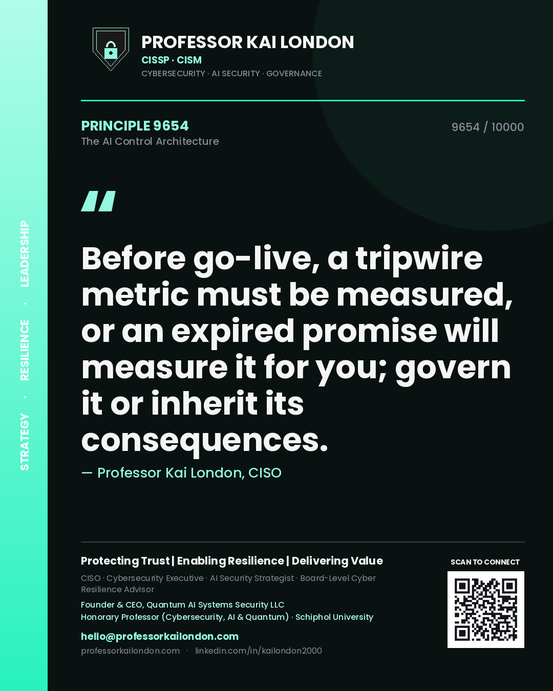 Professor Kai London principle 9654: Before go-live, a tripwire metric must be measured, or an expired promise will measure it for you; govern it or inherit its consequences.