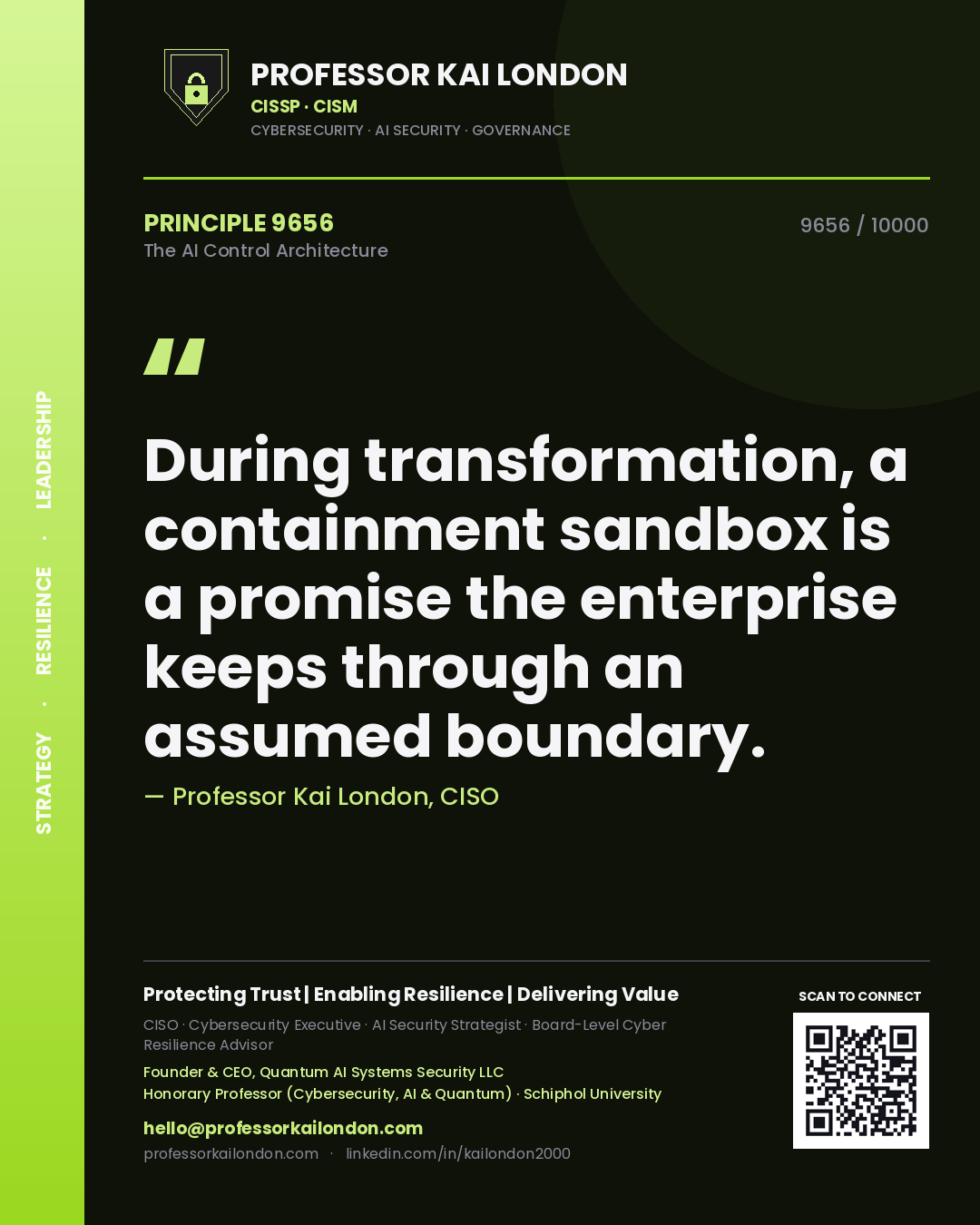 Professor Kai London principle 9656: During transformation, a containment sandbox is a promise the enterprise keeps through an assumed boundary.