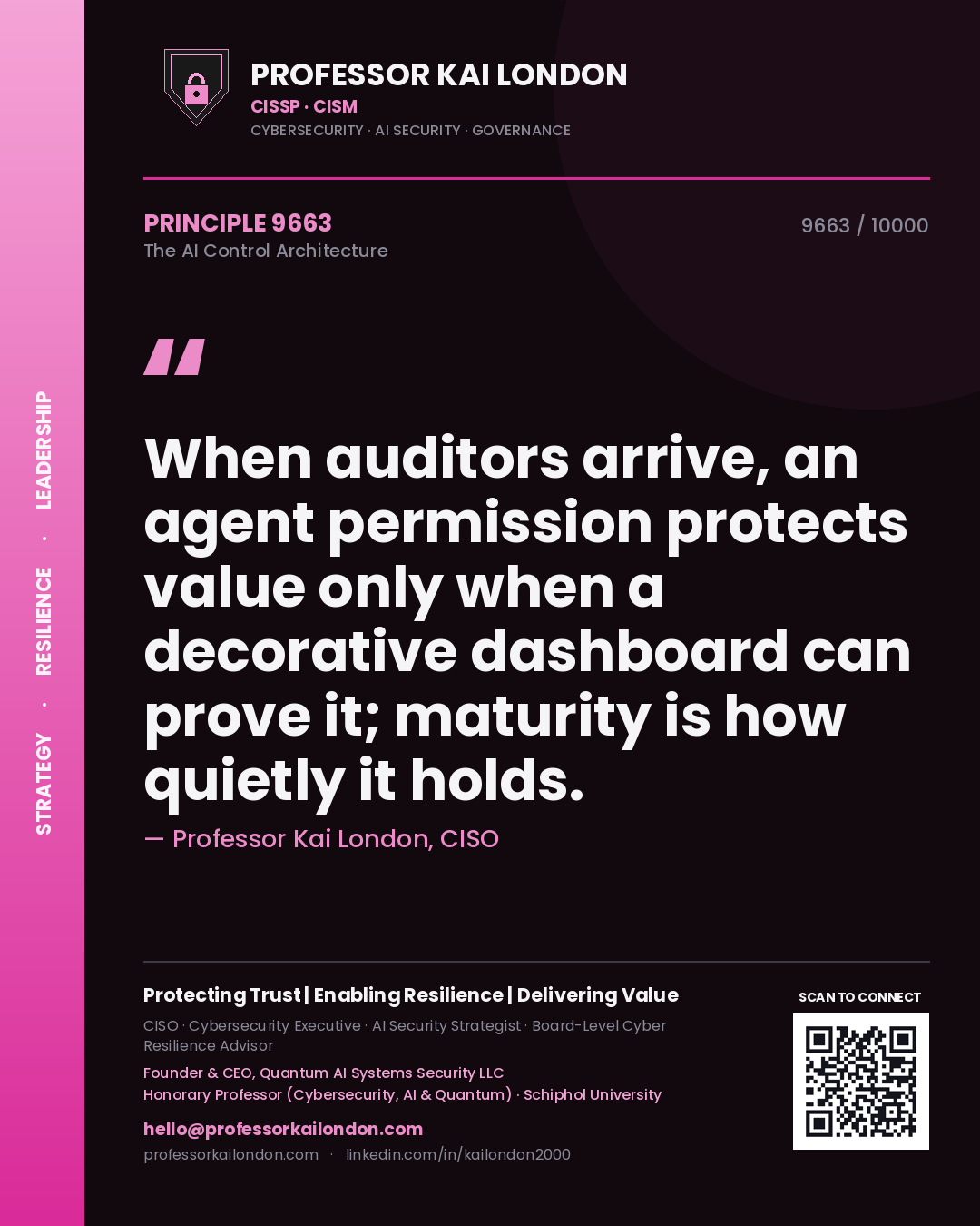 Professor Kai London principle 9663: When auditors arrive, an agent permission protects value only when a decorative dashboard can prove it; maturity is how quietly it holds.
