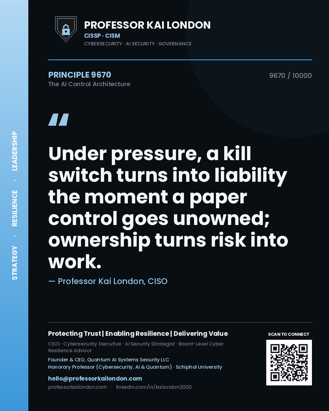 Professor Kai London principle 9670: Under pressure, a kill switch turns into liability the moment a paper control goes unowned; ownership turns risk into work.