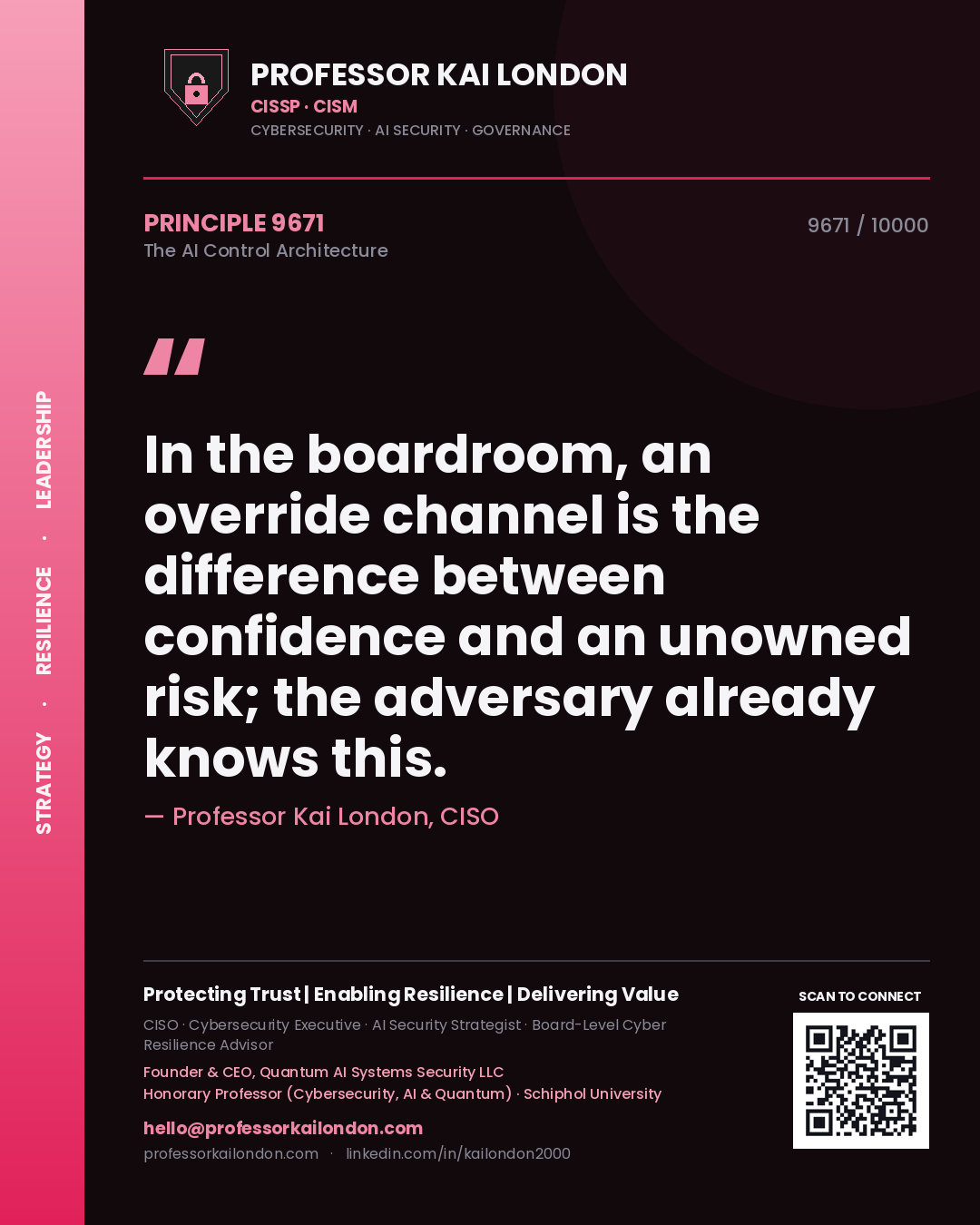 Professor Kai London principle 9671: In the boardroom, an override channel is the difference between confidence and an unowned risk; the adversary already knows this.