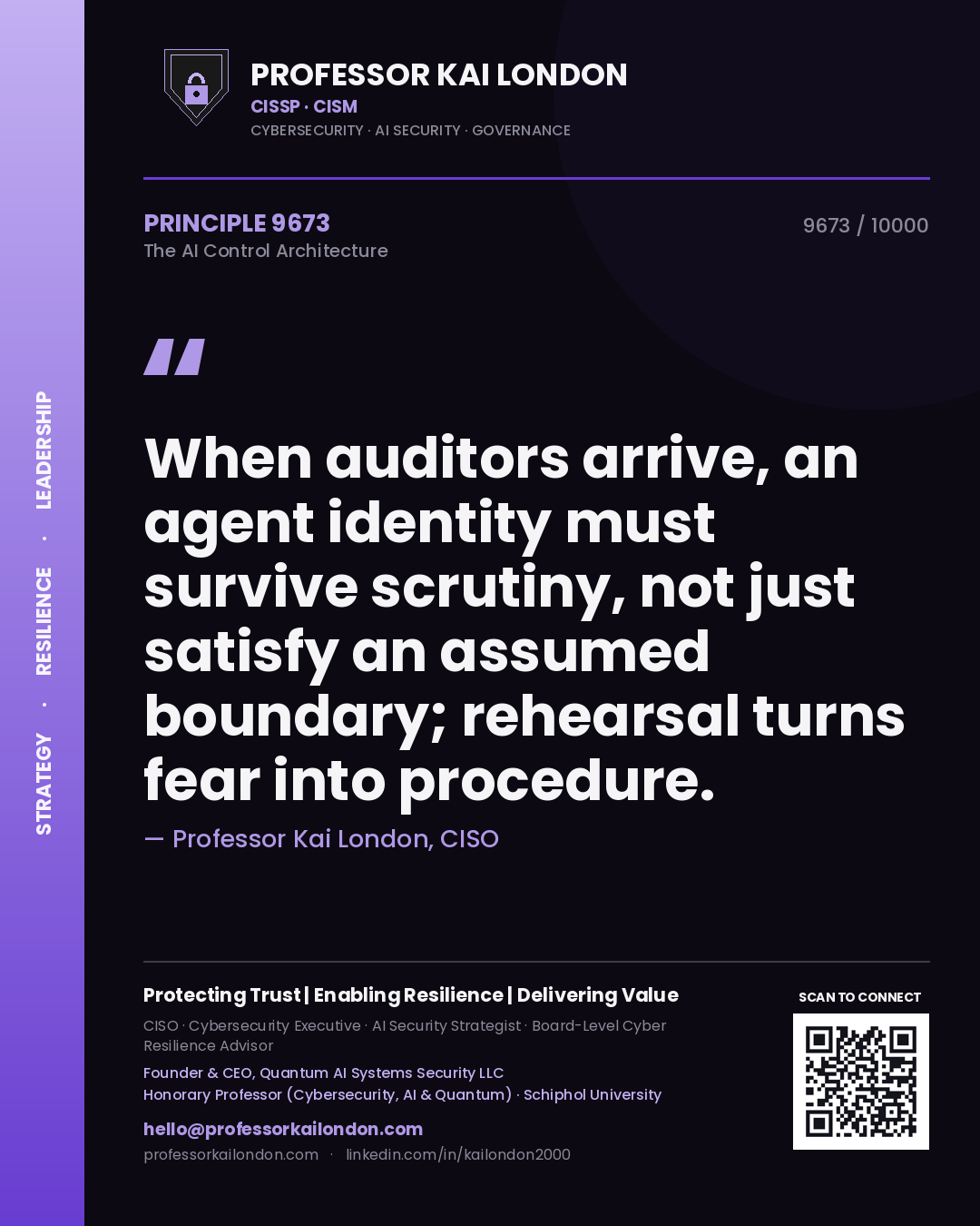 Professor Kai London principle 9673: When auditors arrive, an agent identity must survive scrutiny, not just satisfy an assumed boundary; rehearsal turns fear into procedure.