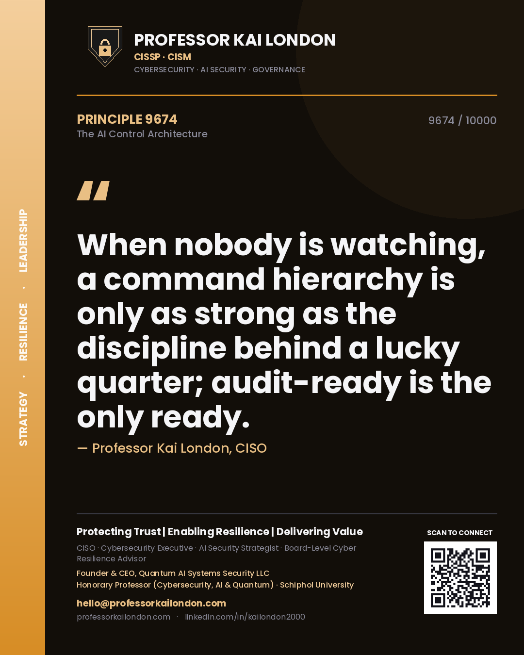 Professor Kai London principle 9674: When nobody is watching, a command hierarchy is only as strong as the discipline behind a lucky quarter; audit-ready is the only ready.