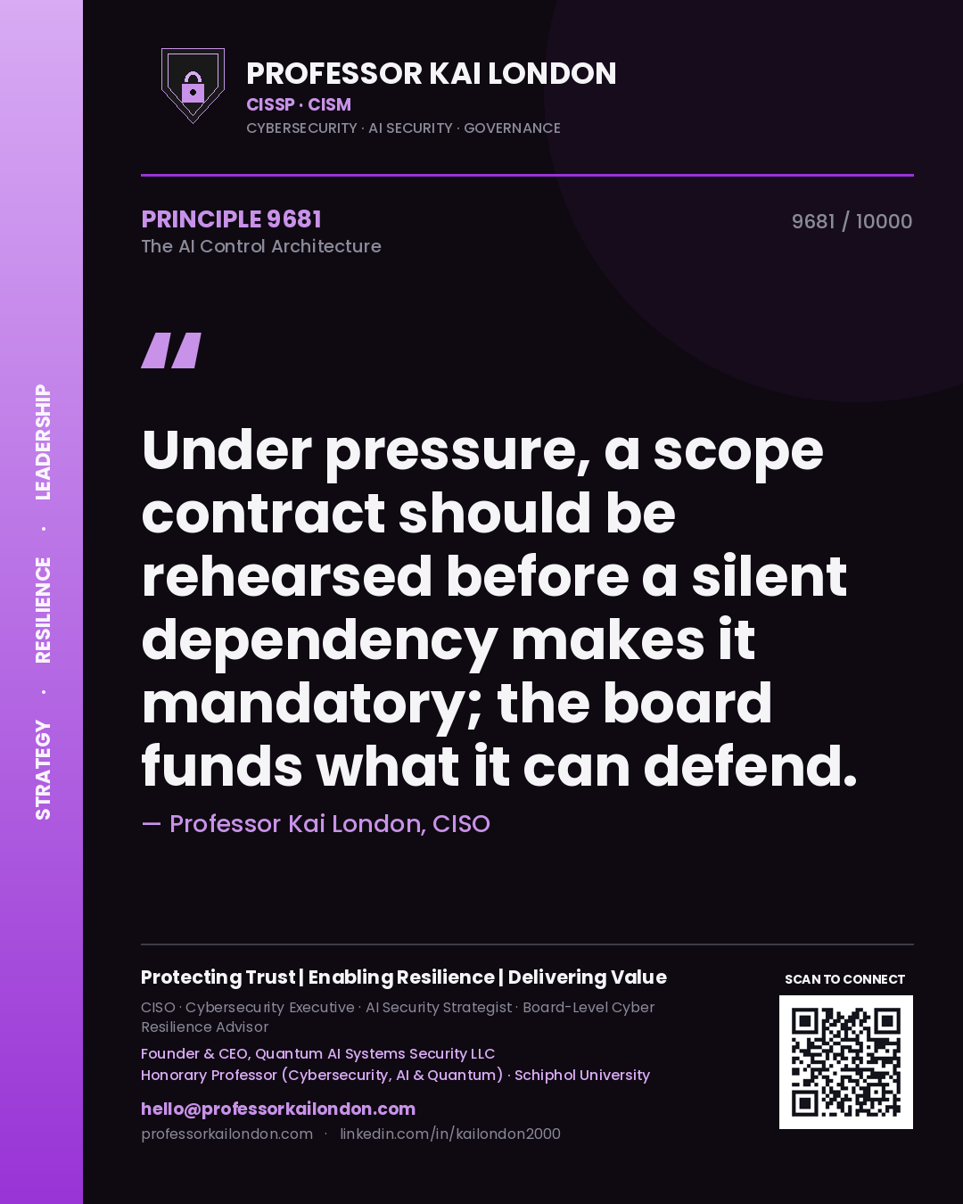Professor Kai London principle 9681: Under pressure, a scope contract should be rehearsed before a silent dependency makes it mandatory; the board funds what it can defend.