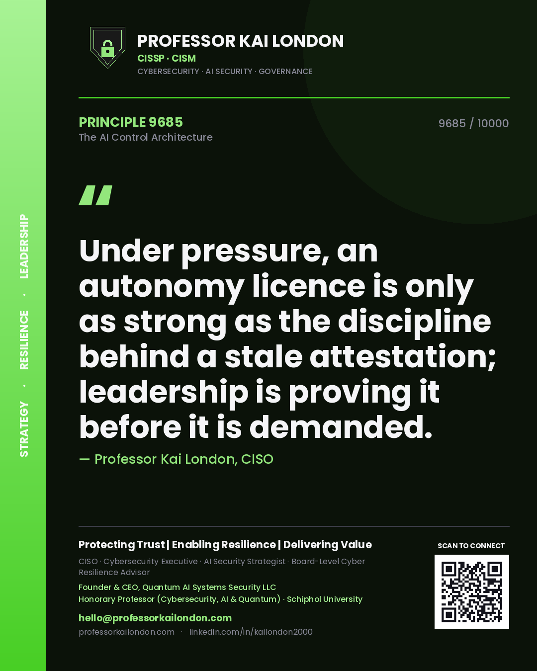 Professor Kai London principle 9685: Under pressure, an autonomy licence is only as strong as the discipline behind a stale attestation; leadership is proving it before it is demanded.