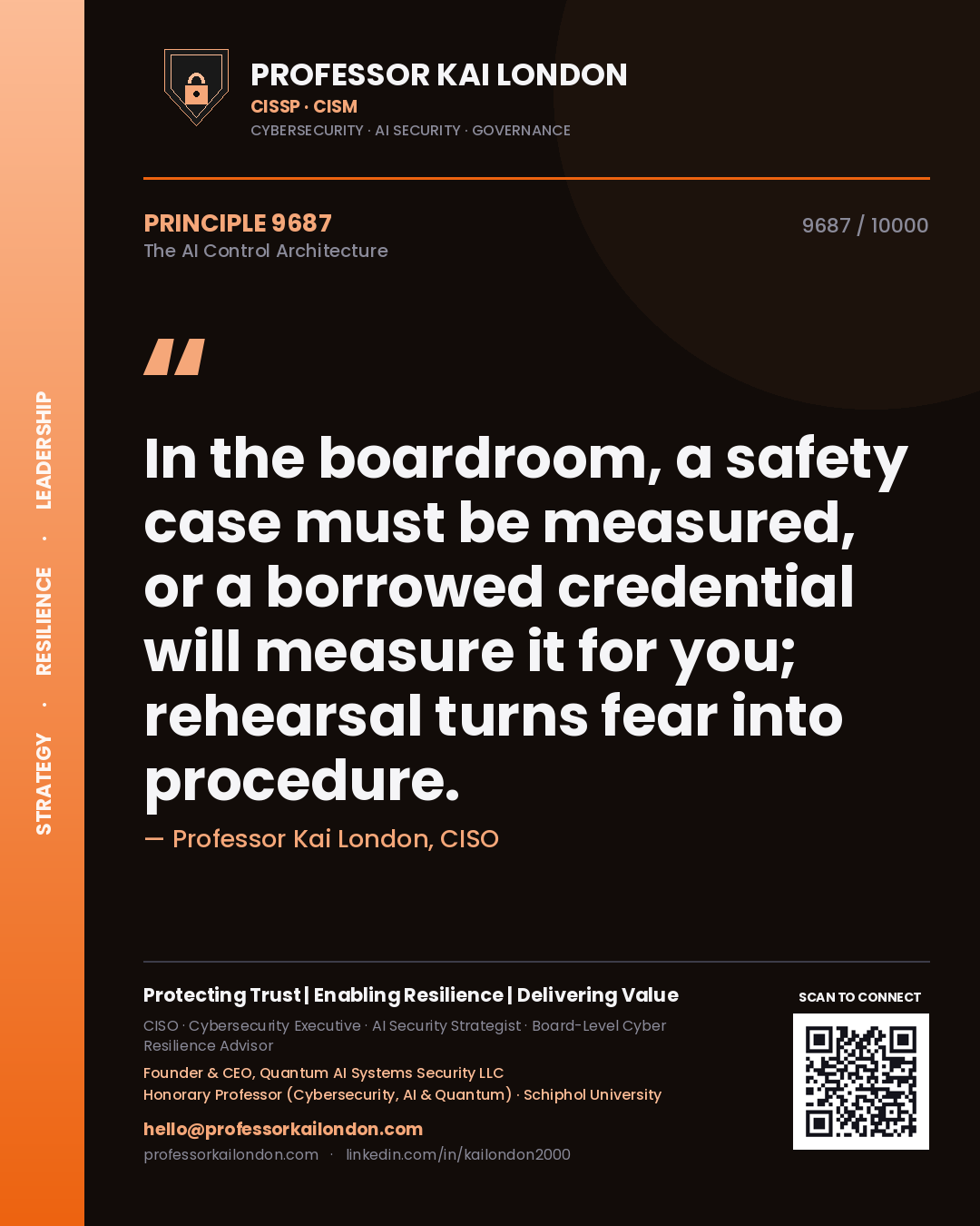 Professor Kai London principle 9687: In the boardroom, a safety case must be measured, or a borrowed credential will measure it for you; rehearsal turns fear into procedure.