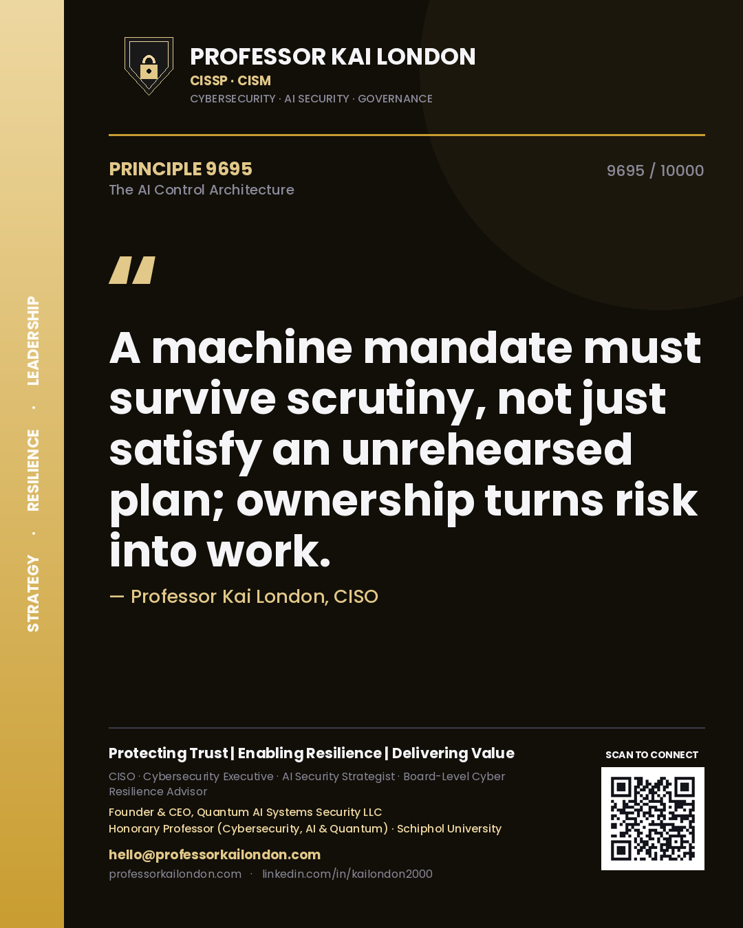 Professor Kai London principle 9695: A machine mandate must survive scrutiny, not just satisfy an unrehearsed plan; ownership turns risk into work.