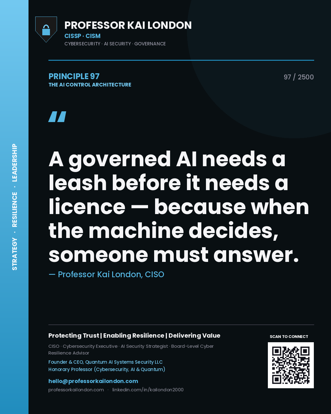 Professor Kai London principle 97: A governed AI needs a leash before it needs a licence — because when the machine decides, someone must answer.
