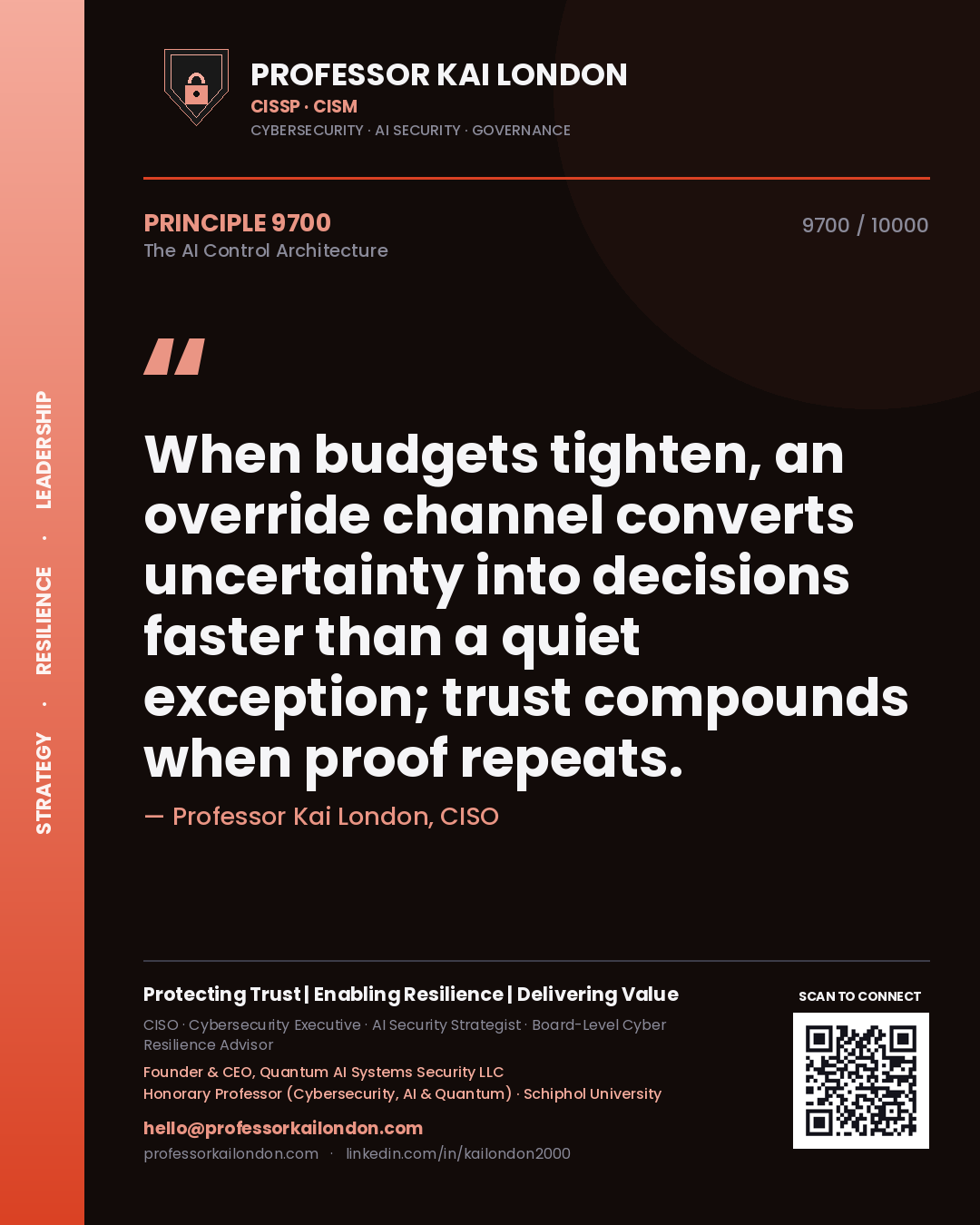 Professor Kai London principle 9700: When budgets tighten, an override channel converts uncertainty into decisions faster than a quiet exception; trust compounds when proof repeats.