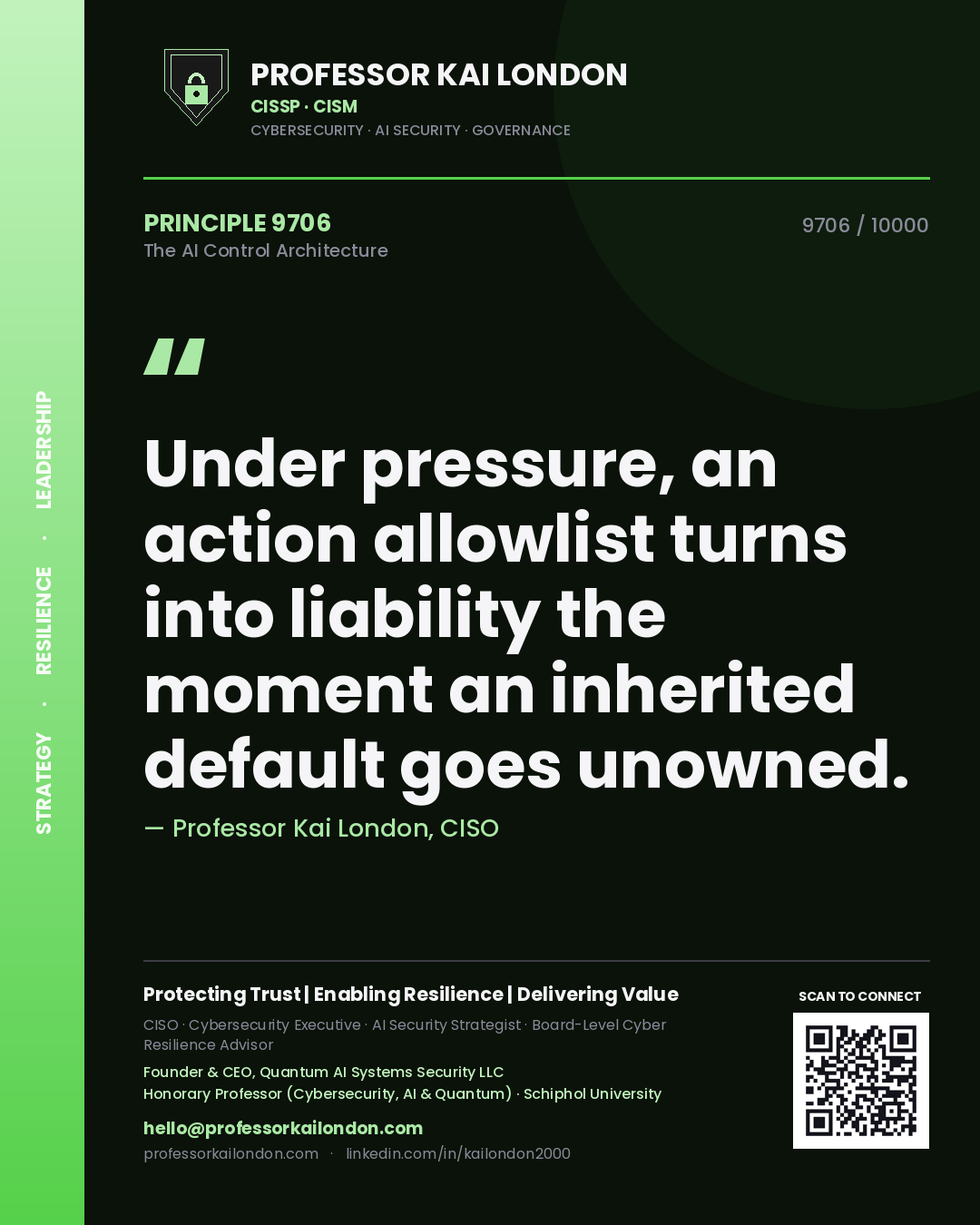 Professor Kai London principle 9706: Under pressure, an action allowlist turns into liability the moment an inherited default goes unowned.