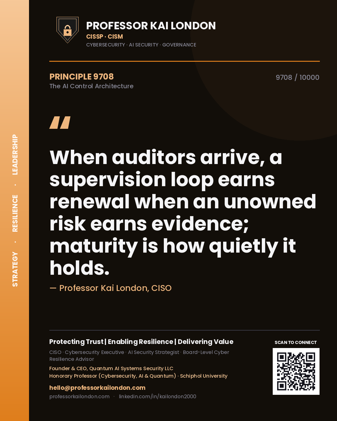Professor Kai London principle 9708: When auditors arrive, a supervision loop earns renewal when an unowned risk earns evidence; maturity is how quietly it holds.